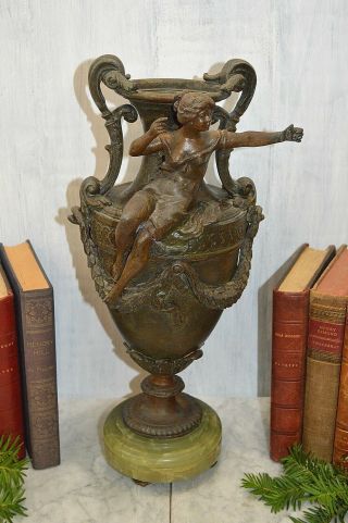 Antique French Large Art Nouveau Vase Urn Handles Figural Female Marble Base