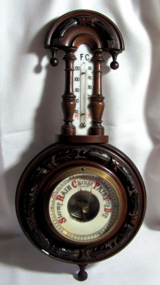 Antique Victorian Hand Carved Wood Wall Barometer W/ Milk Glass Thermometer 15 "