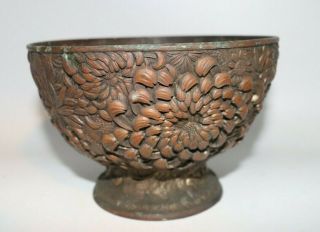 Antique 19th C Japanese Meiji Repousse Chrysanthemum Copper Bronze Metal Bowl 2