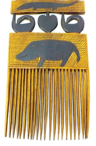 Vintage AFRICAN Wooden Hand Crafted TRIBAL Hair COMB Figurine ART Animal Carved 3