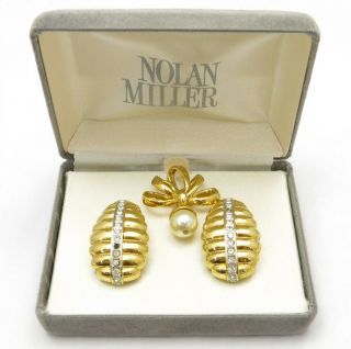 Vintage Nolan Miller Gold - Tone Rhinestone Ribbed Earrings & Pearl Pendant W Box
