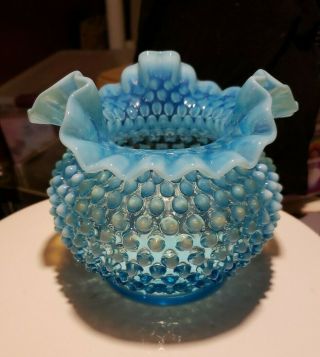 Vintage 1940s Fenton Blue Opalescent Hobnail 5” Vase Ruffled Rim