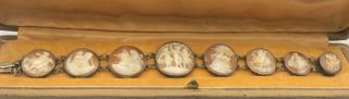 Antique Solid Silver & Shell Cameo,  Roman Goddess Scenes Cameo Link Bracelet
