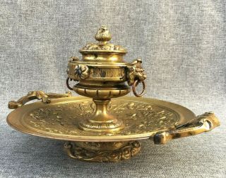 Heavy Antique French Empire Style Inkwell 19th Century Made Of Bronze Lions