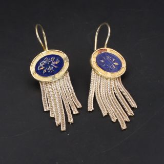 Vtg Sterling Silver - Blue Enamel Flower Chain Link Dangle Earrings - 9g