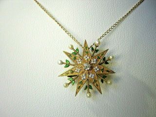 Antique Victorian 14k Gold Star Pin / Pendant Enamel,  Pearls,  Diamond Exquisite