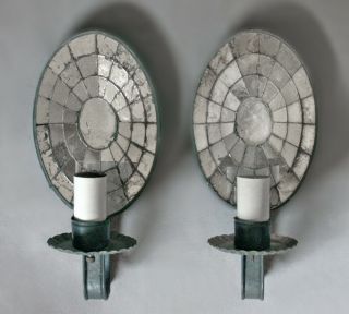 Pair Antique Vintage Cut Mirrored Oval Candle Wall Sconces