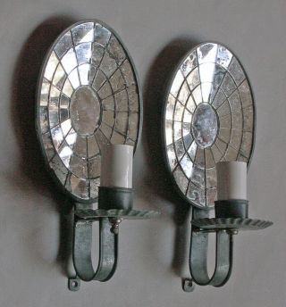 Pair Antique Vintage Cut Mirrored Oval Candle Wall Sconces 4