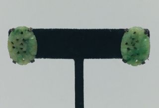 Antique Chinese Sterling Silver & Carved Green Jade Flower Stud Earrings