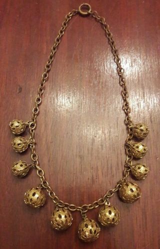Vintage Brass Filigree Type Design Bead Ball Necklace 16 Inches