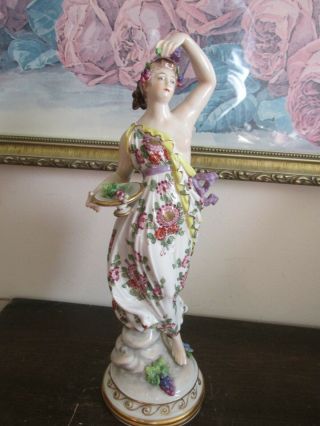 Antique Volkstedt Dresden Germany Porcelain Figurine Nude Girl With Grape Flower
