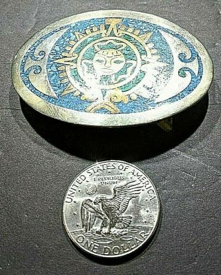Alpaca Silver Vintage " Aztec Sun God " Belt Buckle With Abalone Inlay.  3.  5 " X 2.