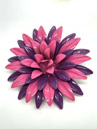 Large Vintage 3” Pink Purple Enamel Flower Brooch Pin