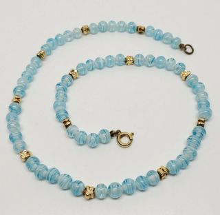 Lovely Vintage Gold Tone Sky Blue Swirled Art Glass & Floral Beaded Necklace