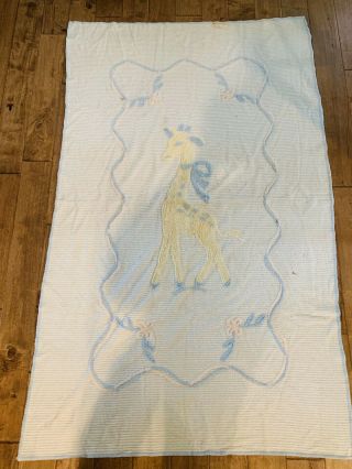 Vintage Chenille Pink & Blue Giraffe Baby Crib Bedspread Cover Blanket 38” X 52”