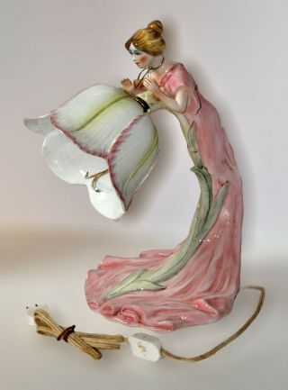 Vintage Signed Italian Hand - Painted Porcelain Art Nouveau Lamp Woman Flower