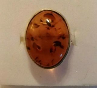 Large Vintage Silver And Amber Ring Size Q/r