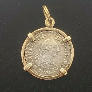 1/2 Reales 1783 Coin Necklace Pendant 14k Yellow Gold Mount Antique