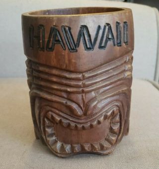 Vintage Hand Carved Wood Hawaii Tiki Face Mug
