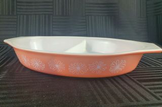 Vintage Pyrex Pink Daisy Oval Divided Casserole Dish Handled 1.  5 Quart No Lid 2