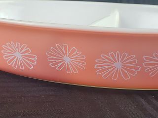 Vintage Pyrex Pink Daisy Oval Divided Casserole Dish Handled 1.  5 Quart No Lid 3