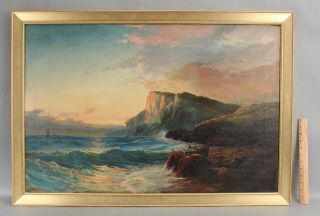 Large C1900 Antique American Luminist Sunset Seascape Shipwreck Oil Painting Nr