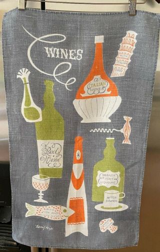 Vintage Nos Linen Tea Towel - Signed Tammis Keefe - Wines And Food - Grey/orange