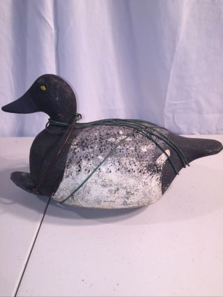 Vintage Antique Solid Wood Carved Duck Decoy,  Bluebill,  With String & Weight