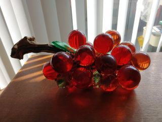 Vintage Mid - Century Lucite Grapes On Driftwood Amber/orange With Green Leaves