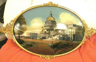 Antique U.  S.  Capitol Building Washington D.  C.  Reverse Painting On Convex Glass