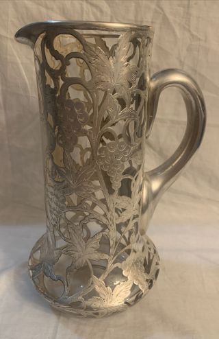 Alvin Sterling Silver Overlay Crystal Pitcher 9 1/2” Circa 1900 999/1000 Fine