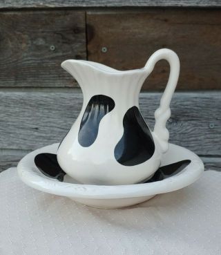 Small Vtg 15 " Athena Country Cow Print Pottery Pitcher & Wash Bowl Basin