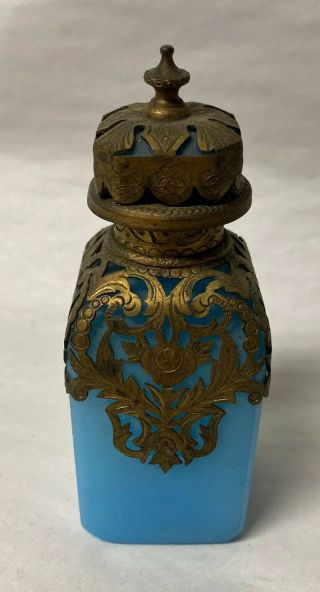 Antique French Blue Opaline Glass Perfume Scent Bottle Bronze Ormolu Mount