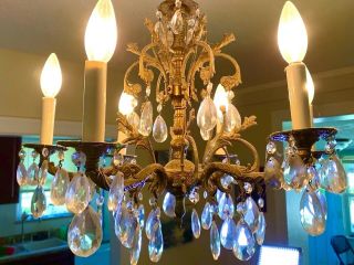 Vintage Mid Century Spain Brass 6 Arm Light Crystal Chandelier Ceiling Fixture