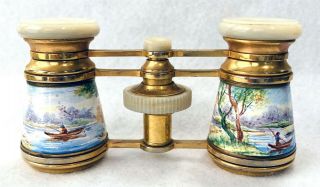 Antique French Enamel Opera Glasses Hand - Painted Fishermen In Continuous Scenes