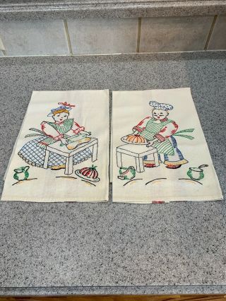 2 Vintage Kitchen Tea Towel Embroidered White Red Baker Chef Ah