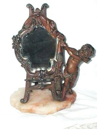 Antique French Winged Cherub Putti Table Mirror Bevelled Glass Marble Base