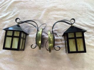 Pair Antique Arts Crafts Mission Steel Brass Slag Glass Porch Lights