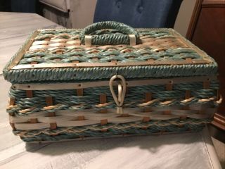 Vintage Dritz Sewing Basket Box Mid Century Modern Woven Wicker Japan Green Blue