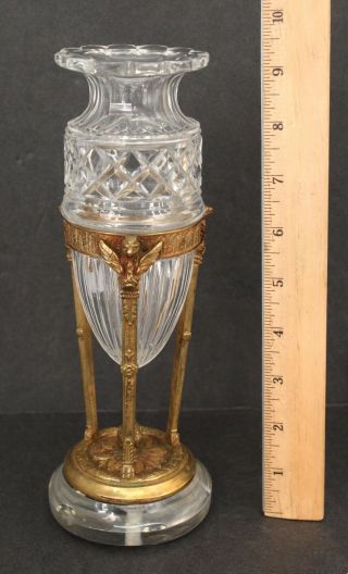 Small 19thc Antique Gold Gilt Bronze Eagle Head & Cut Glass Vase,