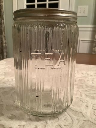 Antique Vintage Sellers Hoosier Ribbed Glass Tea Canister Jar W/lid