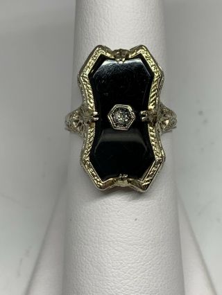 Art Deco 14k Black Onyx And Diamond Ring Size 8 23mm X 13mm Filigree