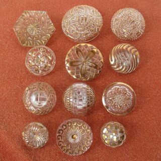 Assortment Of 12 Vintage Molded Shanked Clear Glass Buttons W Gold Luster