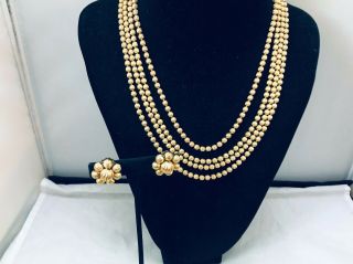 Vtg.  Demi Textured Gold Tone Metal 3 - Strand Necklace & Earrings