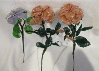Vintage [ 3 Large French Seed Bead Flowers ]