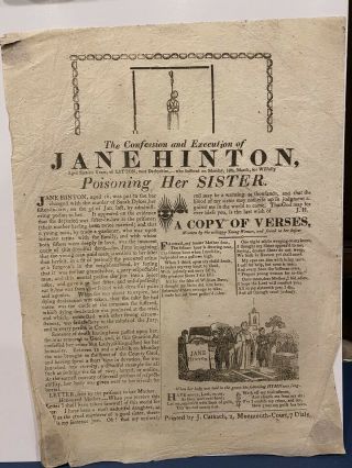 Antique Broadside Execution Of Jane Hinton,  Female Hanging,  England Early 1800s