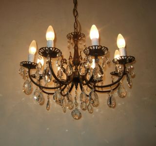 Antique French Gilt Bronze With Crystal Drops 8 Branch Chandelier,  Lights Cir