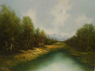 Really Old Painting Oil On Canvas River Landscape Signed