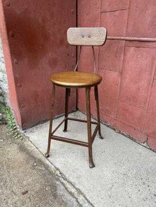 1930s Industrial Machinists Draftsman Stool Chair Wood Seat And Back Desk