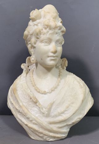 19thc Antique Victorian Carved Alabster Lady Sculpture Bust Old Parlor Statue